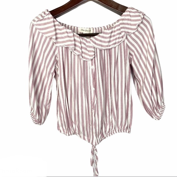 Pink Lemonade•striped off the shoulder 3/4 length button down crop top medium - Picture 2 of 6